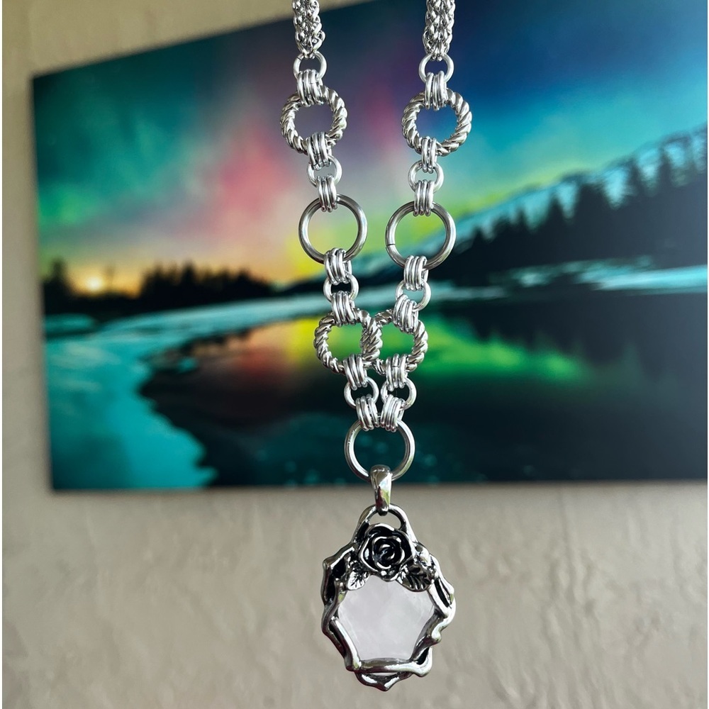 Stainless steel necklace double chain light pink rose quartz gemstone rose charm - Picture 2 of 9